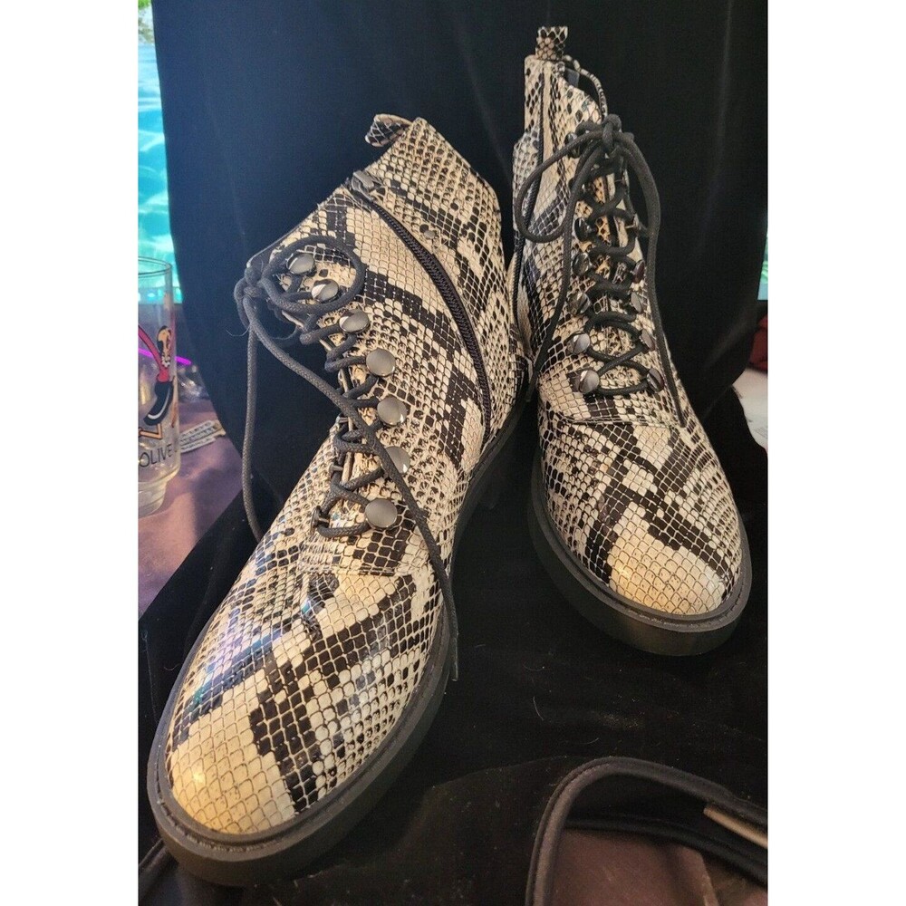 Paolo Snakeskin Lace-up Ankle Boots - Blk/White, zipper side-Size 9